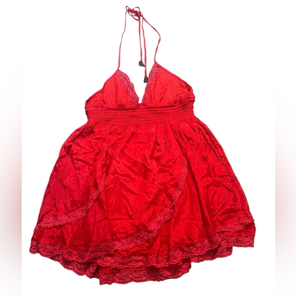 Free People Womens XL For A Moment Red Halter Top Mini Dress Lace Trim Lined New - Picture 9 of 11